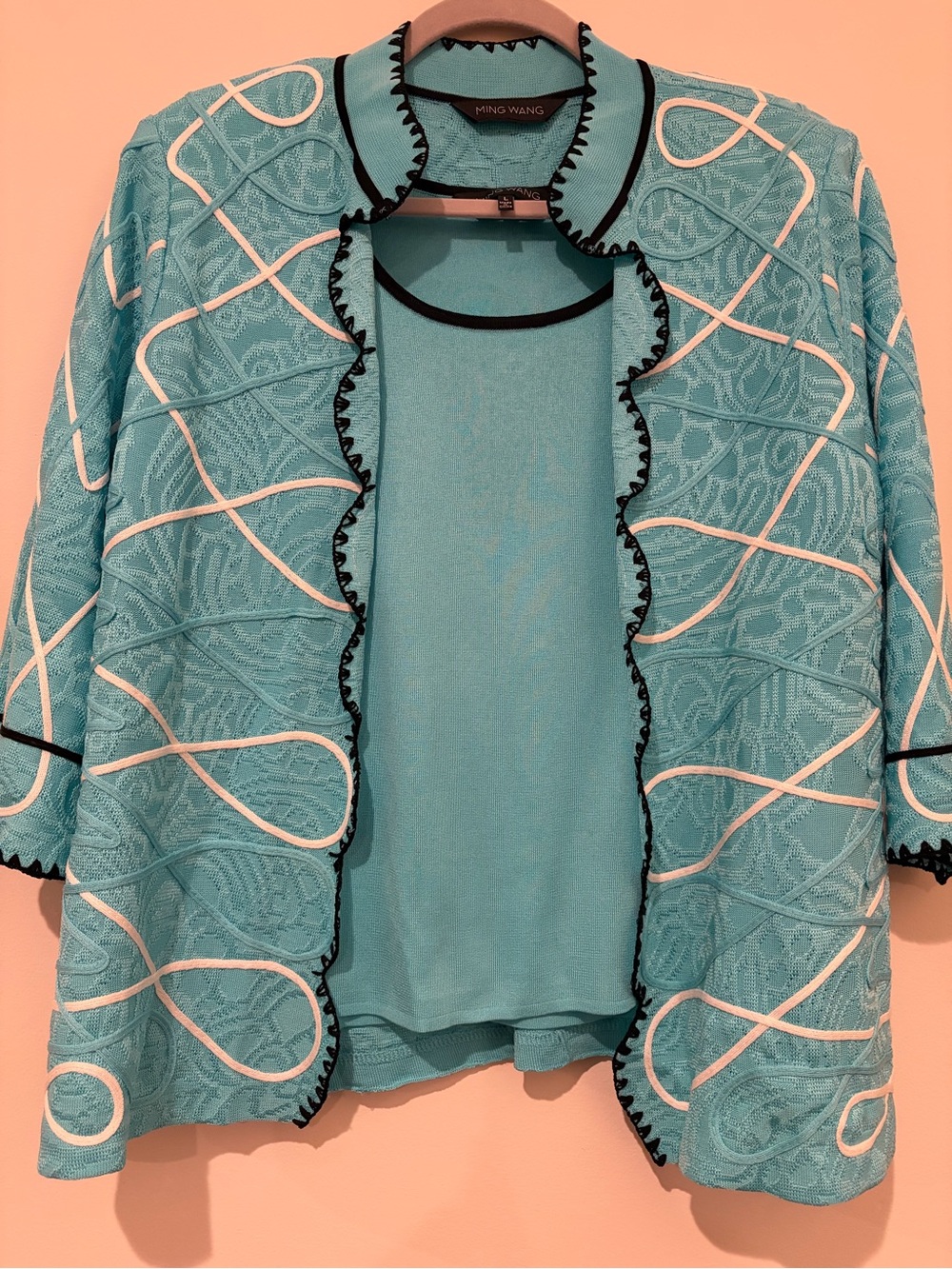 Ming Wang Two Piece Knit Sweater Set Blue Turquoise Ribbon Black Trim Size Large